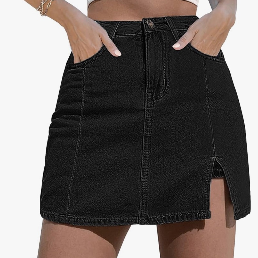 Black denim mini skirt